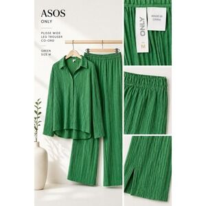 ASOS ONLY Plissé Co-Ord Set Green Wide Leg Pants + Button Shirt Sz M Loungewear